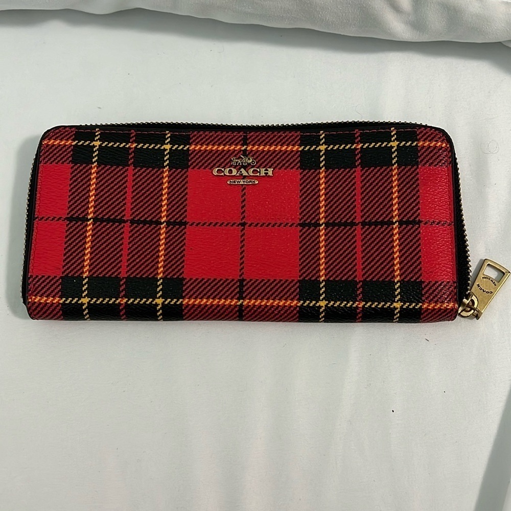 COACH Novelty Plaid Print Slim Accordion Zip-Around Wallet- Red Multi